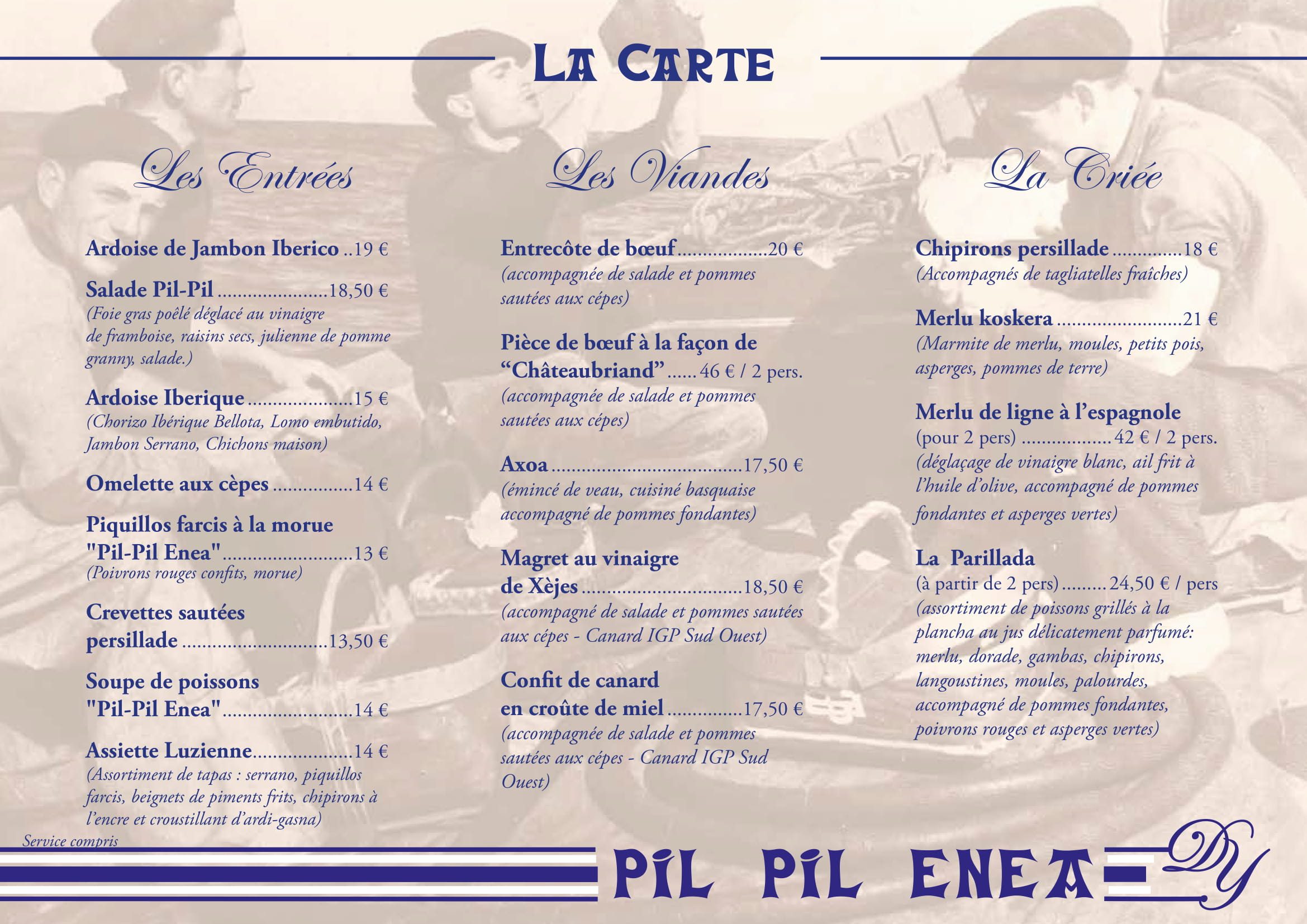 PIL PIL ENEA Découvrez le Menu de notre restaurant de poisson